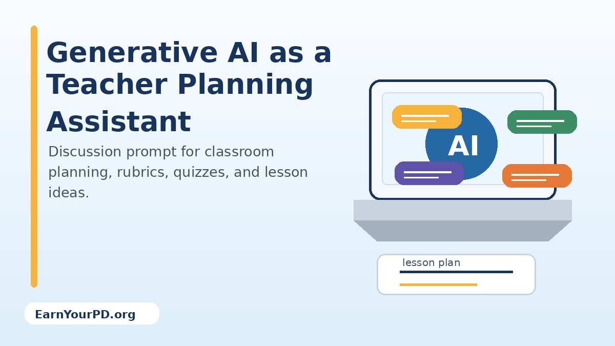 llustration of a teacher planning classroom lessons with generative AI tools on a laptop.